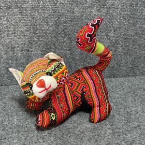 Vintage Handmade Sewn Fabric Cat Decor Plush Stuffed Animal Hmong Miao Art AOP